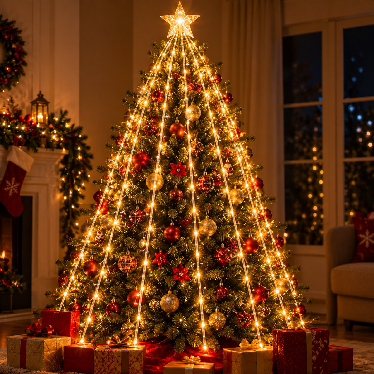 Combo Navideño: Luces Cascada LED + Tapete de Regalo